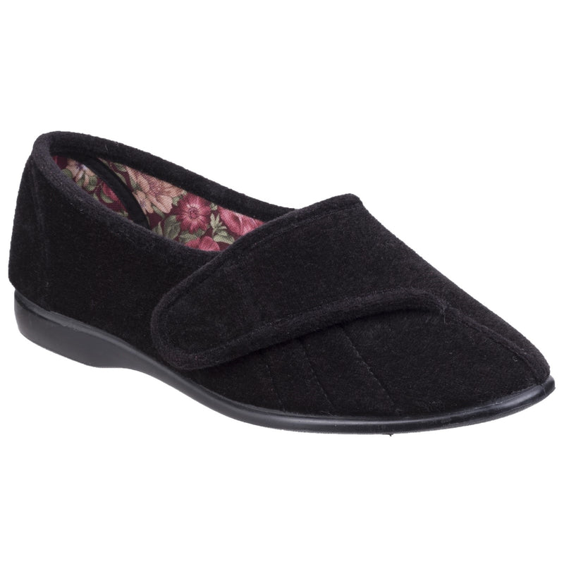 GBS Audrey Velcro Ladies Slip-On Slipper - Floral Cotton Lining, Stretch Velour Upper, Cushioned Insole, Non-Marking Rubber Sole for Ultimate Comfort