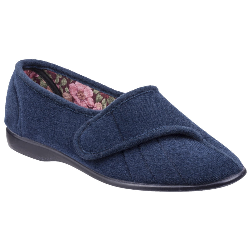 GBS Audrey Velcro Ladies Slip-On Slipper - Floral Cotton Lining, Stretch Velour Upper, Cushioned Insole, Non-Marking Rubber Sole for Ultimate Comfort