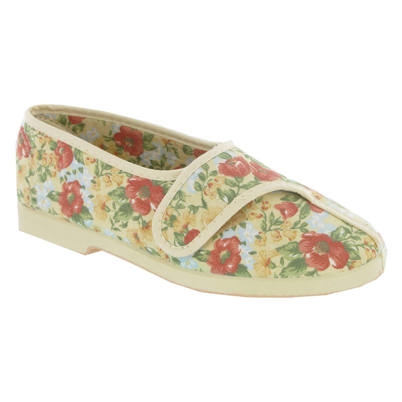 GBS Wendy Women's Cotton Slippers - Floral Print, Soft Cushioned, Touch Fastening, Lightweight House or Casual Summer Shoes, Comfortable Rubber Sole