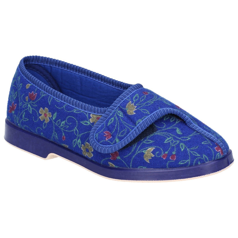 Great British Slippers Wilma Women's Slippers - Wide Fitting Floral Print, Easy Touch-Fasten Washable Cotton Upper Non-Slip Rubber Sole EE Width Fitting