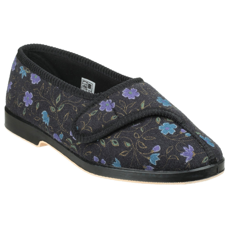 Great British Slippers Wilma Women's Slippers - Wide Fitting Floral Print, Easy Touch-Fasten Washable Cotton Upper Non-Slip Rubber Sole EE Width Fitting